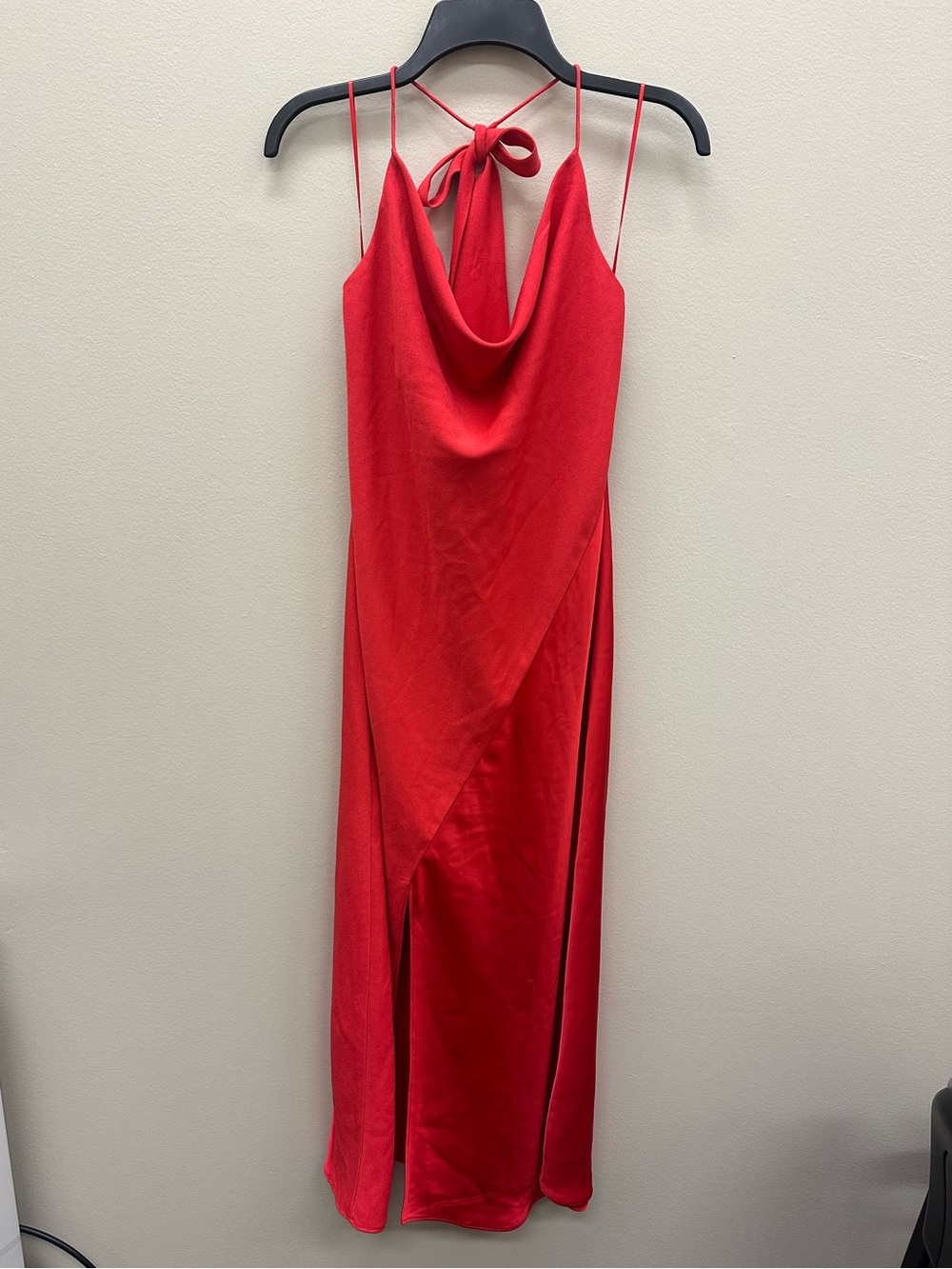 CUSHNIE x Target Red Satin Cowl Neck Midi Front Slit Draped Halter Dress Size 6